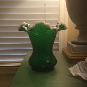 Vintage green glass vase with white ruffle edges